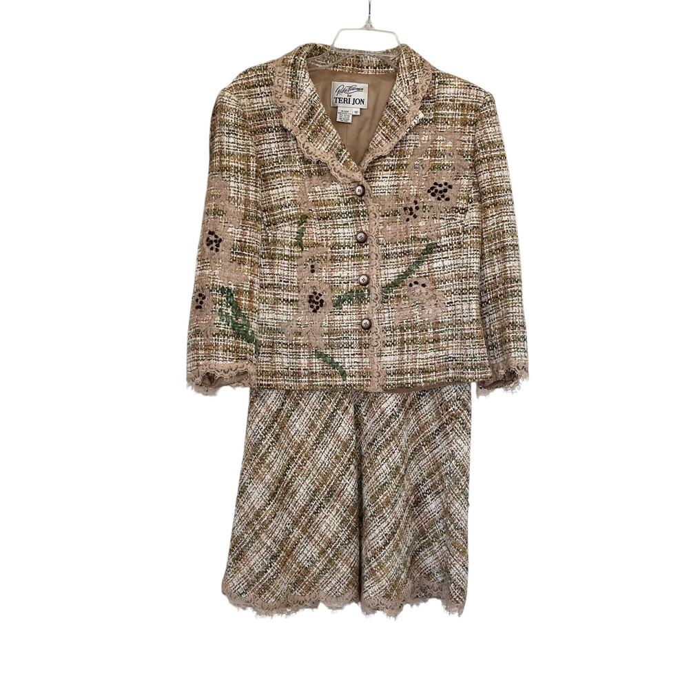 Vintage Rickie Freeman Teri Jon Beige Green Tweed Lace Trim 2 Piece Skirt Set 12